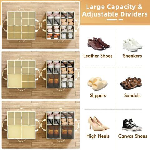 Plus Size 2 Pack Shoe Organizer For Closet Featuring Foldable Fabric Boxes Holds A Massive 24 Pairs Vertically with various shoes.
