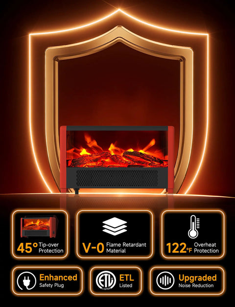 Cozy 600W Realistic Flame Space Heater with safety icons, flame glow, overheat protection, and tip-over safety features