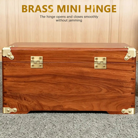 Wooden box with Four Pack Mini Brass Folding Butt Hinges One Inch Retro Style with mounting screws, golden finish