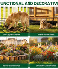 Collage of functional garden fences, including No Dig Garden Fence Panels For Outdoor Yard, showing use for dogs, rabbits, and decoration