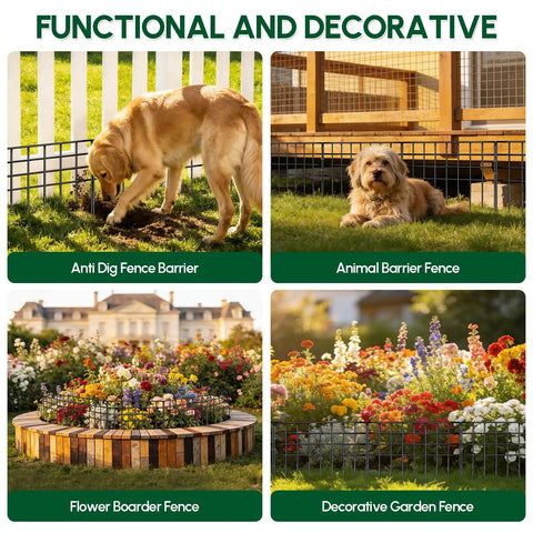 Collage of functional garden fences, including No Dig Garden Fence Panels For Outdoor Yard, showing use for dogs, rabbits, and decoration