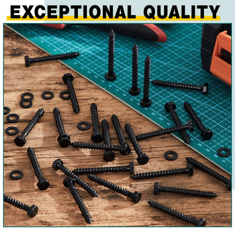 Heavy Duty Wood Lag Screws Set One Quarter Inch By Two Inch Hex Head Lag Bolts With Washers Fifty Counts Carbon Steel Black Zinc Plated Partially Threaded For Furniture Building Decks And Heavy Load Wood Projects scattered on a table, showing hex heads and washers.