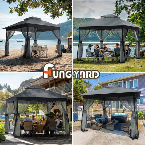 10x10 Pop Up Gazebo With Mosquito Netting And Double Roof Venting, Instant Canopy Tent for backyard parties on beach, lawn