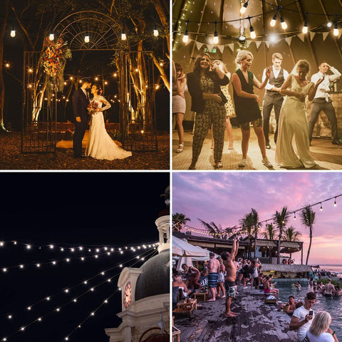 Various scenes using 60 Foot Outdoor String Lights With Three Color In One Dimmable LED String Lights Remote Control Waterproof Patio Hanging Lights For Backyard Garden Cozy Backyard Vibe 2700K 4000K 5000K.