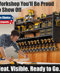Person using Beefy 49 Inch Wall Mount Power Tool Organizer With 620 Pound Capacity, 12 Cordless Drill Holders, Garage Shelf