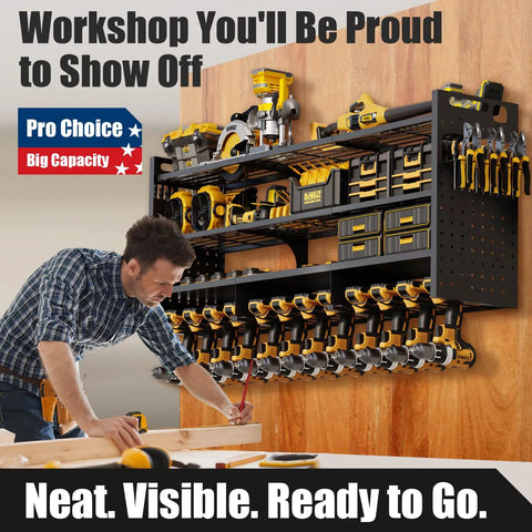 Person using Beefy 49 Inch Wall Mount Power Tool Organizer With 620 Pound Capacity, 12 Cordless Drill Holders, Garage Shelf