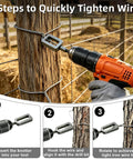 Dexspoeny 3 Piece Wire Twister Tool Set For Drill shown in use, tightening wire on wooden post using drill.