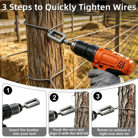 Dexspoeny 3 Piece Wire Twister Tool Set For Drill shown in use, tightening wire on wooden post using drill.