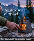 Person using Titanium Wood Stove Ultralight And Compact For Backpacking With Collapsible 0.2 Inch Thick Design And Weighing Just 6.8 Ounces Includes Travel Carry Case For Easy Outdoor Cooking On The Go in scenic mountains setting.
