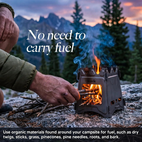 Person using Titanium Wood Stove Ultralight And Compact For Backpacking With Collapsible 0.2 Inch Thick Design And Weighing Just 6.8 Ounces Includes Travel Carry Case For Easy Outdoor Cooking On The Go in scenic mountains setting.