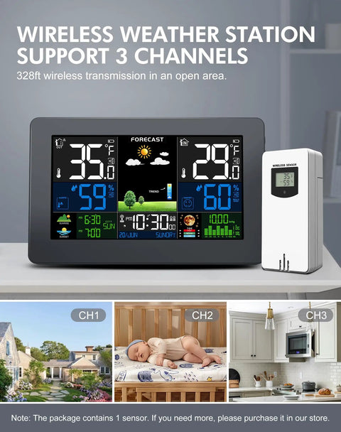 Weather Station Wireless Indoor Outdoor Digital Thermometer With Remote Sensor 7.5 Inch HD Display All In One Home Weather Station