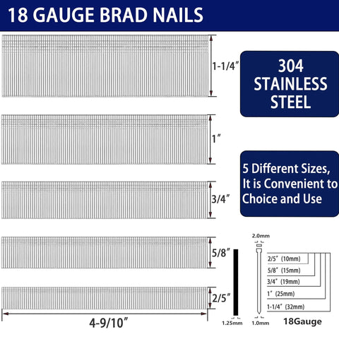 Top Shelf Badass 18 Gauge Brad Nails Assortment Featuring 304 Stainless Steel in five sizes for easy use and rust resistance.