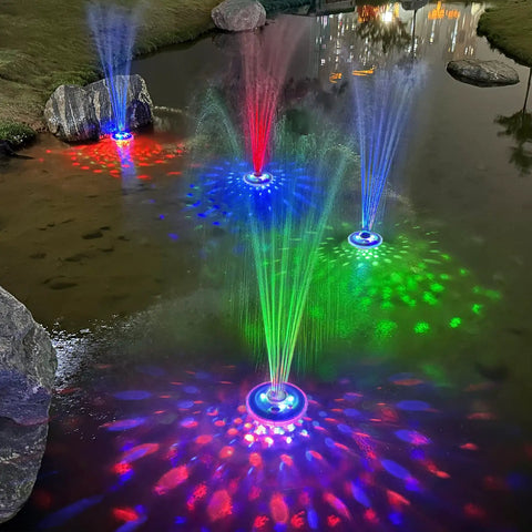Floating Pool Fountain With LED Underwater Lights And Outdoor Powered Pump 2 Mode Sprinkler Waterfall For Inground And Above Ground Pools And Ponds Blue Light Show 1 Pc creating colorful water display in pond at night