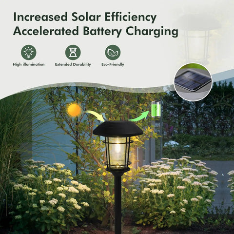 5 Pack Solar Outdoor Pathway Lights With Glass Lantern-Style Heads, illuminating garden with greenery in slate gray