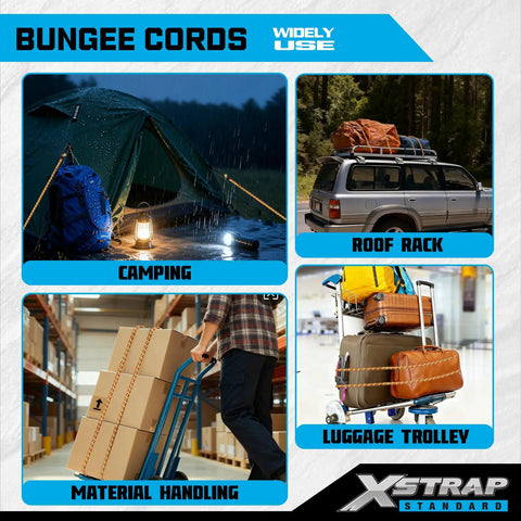 14 Piece Heavy Duty Bungee Cord Kit With 18 Inch 24 Inch 30 Inch And 40 Inch Cords With Hooks For Cars Trucks Trailers RVs Motorcycles Bicycles ATVs And Outdoor Use To Secure Tents Tarps And Gear displayed in various uses including camping, roof rack, luggage trolley, and material handling.