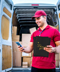 Delivery person with Thank You Bubble Mailers 6x10 Inch 25 Pack Self Sealing Padded Envelopes, standing by a van.