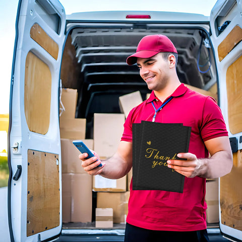 Delivery person with Thank You Bubble Mailers 6x10 Inch 25 Pack Self Sealing Padded Envelopes, standing by a van.