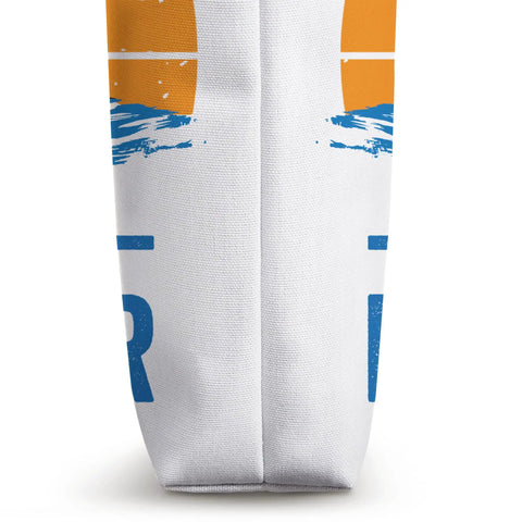 Close-up side seam of Work Hard Foil Harder Wing Foil Wingsurfing Tote Bag with blue and orange design