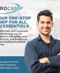 Smiling technician holding wrench under text promoting RV essentials from PROCAMP