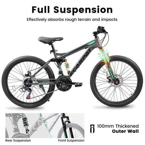 Beefed Up Dual Suspension 24 Inch Mountain Bike With 21 Speed Disc Brakes Front Fork And Rear Shock Absorber Carbon Steel Frame