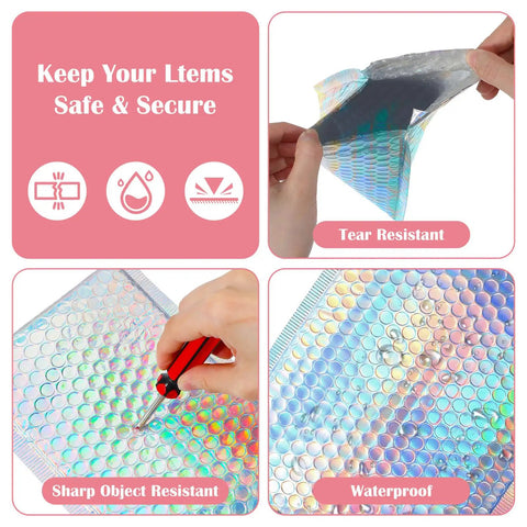 60 Pack Holographic Bubble Mailers Dope Waterproof Self Seal Foil Glitter Glamour Shipping Envelopes showing tear resistance