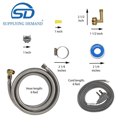 Universal Dishwasher Install Kit With 6 Foot Stainless Steel Hose And 6 Foot Power Cable Copper Elbow Wire Connectors Teflon Tape