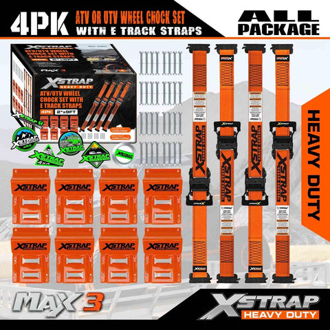 Heavy Duty Wheel Chock And E Track Tie Down Straps Kit Four Pack 2 Inch By 9 Foot Ratchet Straps With Steel Wheel Chocks 1466 Lbs Working Load Capacity For ATV UTV Trailer Hauling Orange