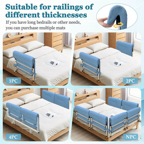 Thickened Two Pack Bed Rail Pads For Hospital Beds, Cushioned Foam Bumpers on bed illustrating full rail coverage setup.