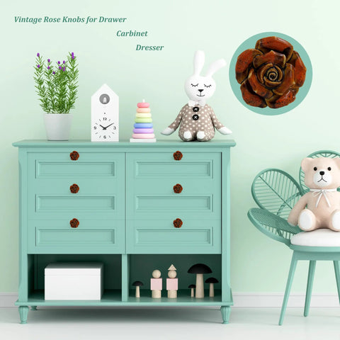 Top Shelf Vintage Floral Ceramic Cabinet Knobs And Dresser Drawer Pulls In Radiant Red Featuring Durable Construction Plus Easy Peasy Mounting Screws Included Fast on teal dresser with decor.