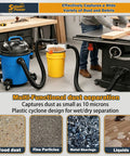 SplashPower Low Profile Cyclone Dust Separator For Shop Vac, blue vacuum setup with yellow bucket for dust collection in workshop.