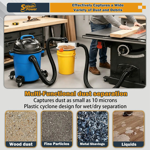 SplashPower Low Profile Cyclone Dust Separator For Shop Vac, blue vacuum setup with yellow bucket for dust collection in workshop.