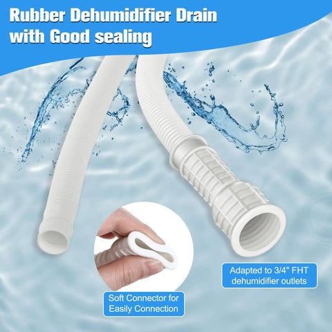 13 Foot Universal Dehumidifier Drain Hose With Cuttable Rubber Adapter And Clamp For No Fuss Easy Install Three Quarter Inch FHT Flexible Leak Free Drain Hose For Most Dehumidifier And Air Conditioner Brands White close-up view.