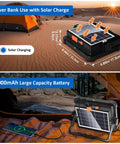 Powerful 100W Rechargeable Work Light With 336 LEDs And 12000mAh Solar Battery Four Lighting Modes And Stepless Dimming Portable Flood Light, shown with solar charging in a camping setting.