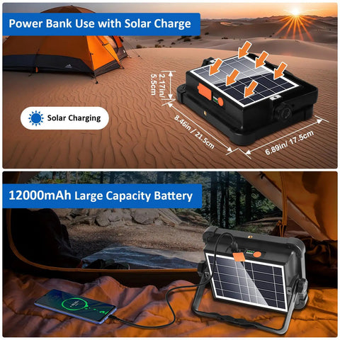 Powerful 100W Rechargeable Work Light With 336 LEDs And 12000mAh Solar Battery Four Lighting Modes And Stepless Dimming Portable Flood Light, shown with solar charging in a camping setting.