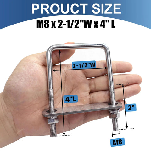 M8 Square U Bolts Four Pack With Nuts Frame Plates And Washers Stainless Steel Heavy Duty U Bolts Two And A Half Inches Wide Four Inches Long