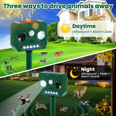 Outdoor Ultrasonic Animal Repellent 2 Pack With PIR Motion Sensor And LED Flash, Waterproof Wildlife Deterrents For Gardens, Yards And Farms, Keeps Critters Like Cats Squirrels Raccoons Birds Dogs And Deer Away, day and night use