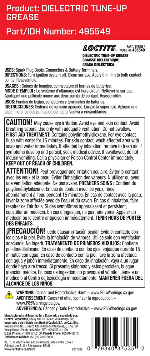 Label for Loctite dielectric tune-up grease for electrical connections, showing usage directions and safety warnings.