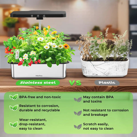 Comparison of Indoor Hydroponics Grow Kit With 15-Pod Herb Garden, 24W Full Spectrum Light, stainless steel vs plastic plant setup