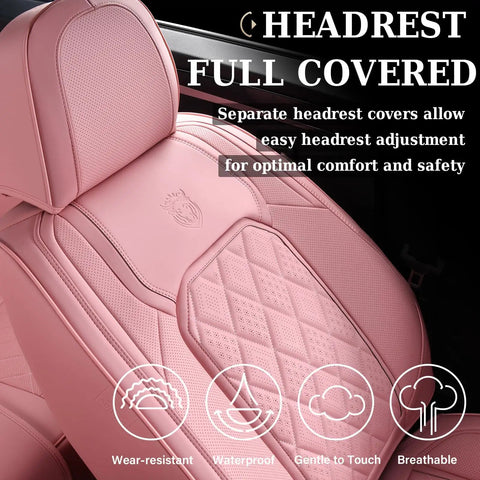 Pink Leather Car Seat Covers Full Set For Most Cars, Universal Waterproof Front And Back Seat Protector with diamond pattern