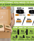 Drip Irrigation System Kit Complete Garden Watering Solution With Adjustable Emitters No Fuss Easy Setup, shown with contents.