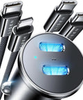 Close-up of 90W Dual PD3.0 Car Charger with USB-C and Lightning cables showing dual ports and LED lights.