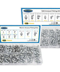 Heavy Duty 276 Piece SAE And Metric Grease Fittings Kit With One Quarter Inch And One Eighth Inch Fittings M6 M8 M10 Straight 45 And 90 Degree Angles Zinc Plated Steel Durable Hydraulic Zerks Set For Auto Truck Farm And Workshop in open cases