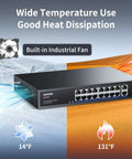 18 Port Gigabit PoE Switch With 16 PoE Ports And 2 Uplink Gigabit Ports Built In 250W Power Supply Metal Casing shown with fan and temperature range