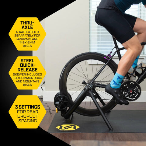 Cyclist using M2 Smart Indoor Bike Trainer With Zwift Compatibility, No-Fuss Wheel On Mount, stable on a mat, black color