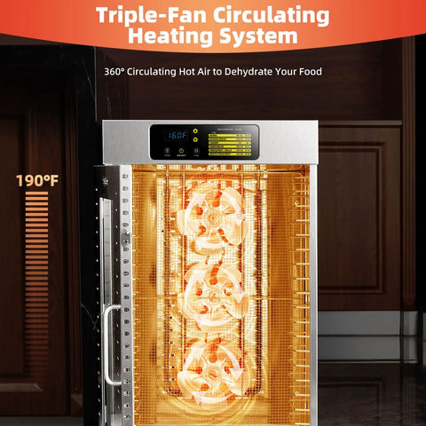 Heavy Duty Commercial Food Dehydrator With Eighteen Stackable Trays, A Hardcore Two Thousand Watt Heater, And All Stainless Steel Build view showing triple-fan heating system and temperature display.