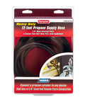 Olympian 12-Foot RV Propane Supply Hose with Excess Flow Protection in packaging, showing soft-nose POL and inverted flare connectors.