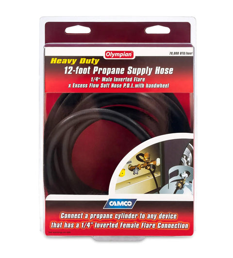 Olympian 12-Foot RV Propane Supply Hose with Excess Flow Protection in packaging, showing soft-nose POL and inverted flare connectors.