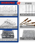 Comparison of WORKPRO Aluminum Blind Rivets Assortment Kit 500 Pieces With Fourteen Sizes vs. others, showing organization and quality.