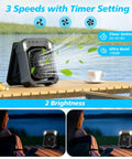 Solar Powered Camping Fan With 10000mAh Battery USB Rechargeable Portable Quiet Cordless Fan With Light on a lakeside dock
