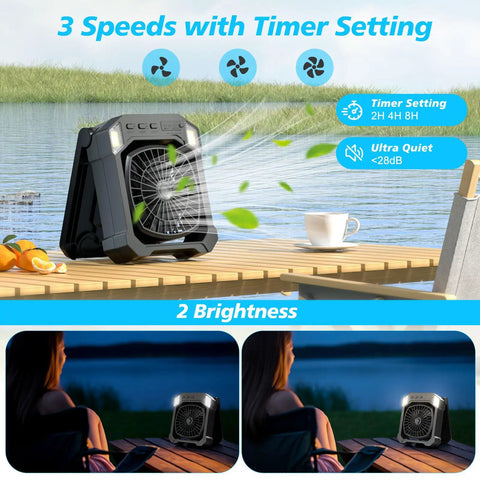Solar Powered Camping Fan With 10000mAh Battery USB Rechargeable Portable Quiet Cordless Fan With Light on a lakeside dock